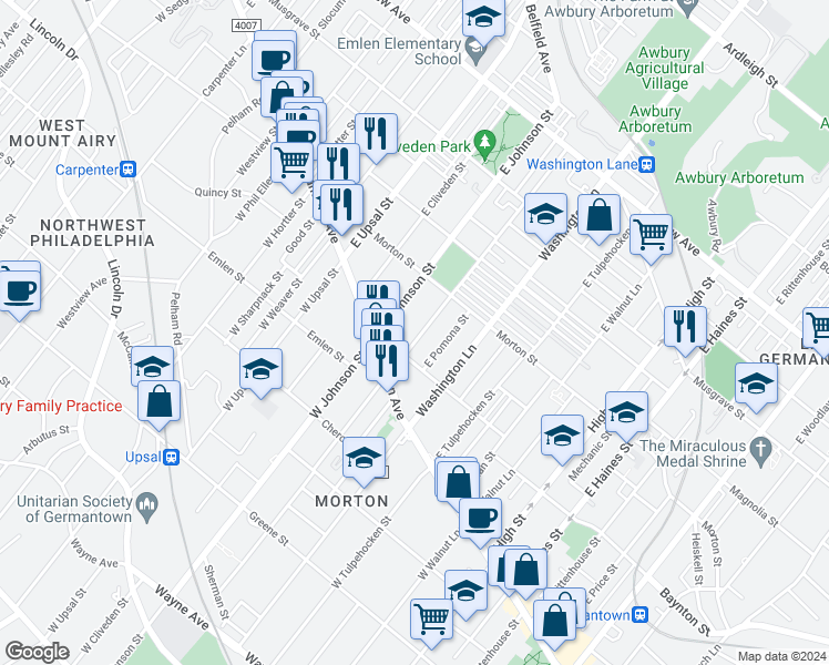 map of restaurants, bars, coffee shops, grocery stores, and more near 123 East Duval Street in Philadelphia