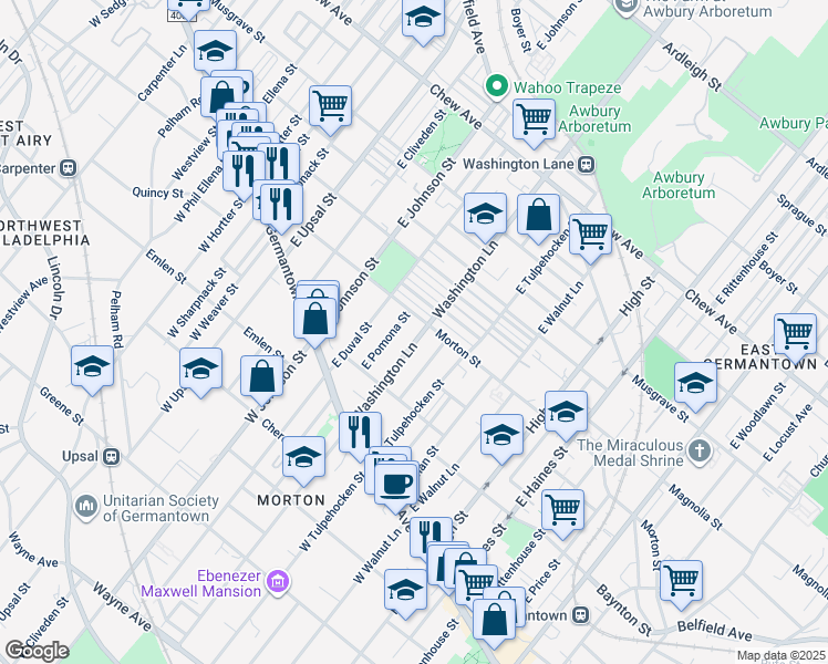 map of restaurants, bars, coffee shops, grocery stores, and more near 155 East Washington Lane in Philadelphia
