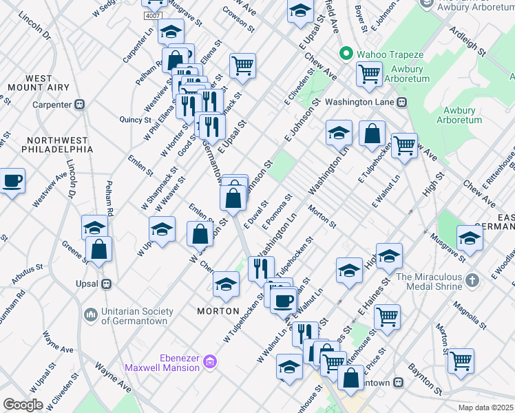 map of restaurants, bars, coffee shops, grocery stores, and more near 123 East Duval Street in Philadelphia