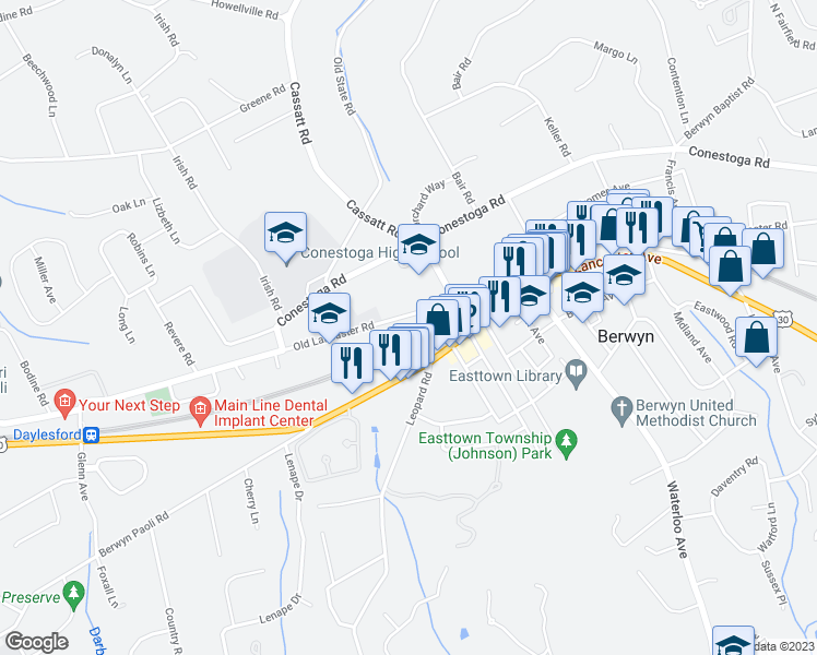 map of restaurants, bars, coffee shops, grocery stores, and more near 881 Old Lancaster Road in Berwyn
