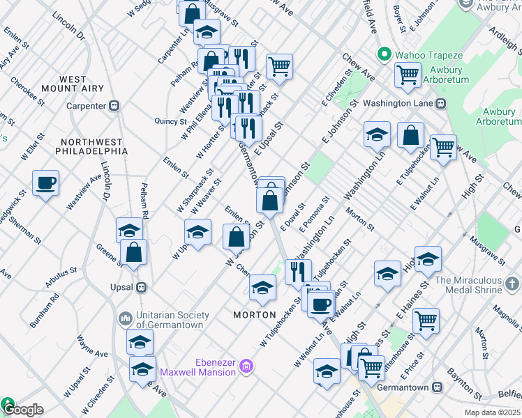 map of restaurants, bars, coffee shops, grocery stores, and more near 6410 Germantown Avenue in Philadelphia