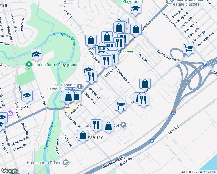 map of restaurants, bars, coffee shops, grocery stores, and more near 8666 Jackson Street in Philadelphia