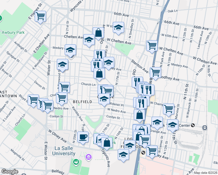 map of restaurants, bars, coffee shops, grocery stores, and more near 1702 Roselyn Street in Philadelphia