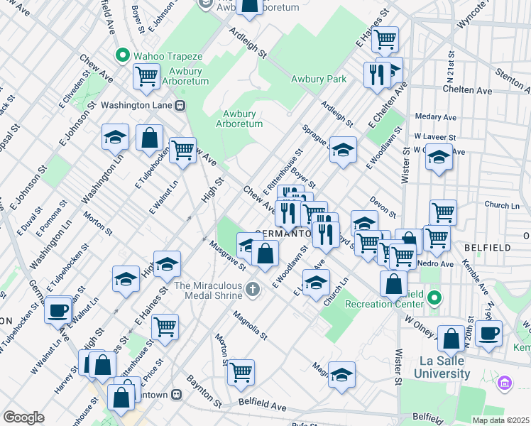 map of restaurants, bars, coffee shops, grocery stores, and more near 5804 Chew Avenue in Philadelphia