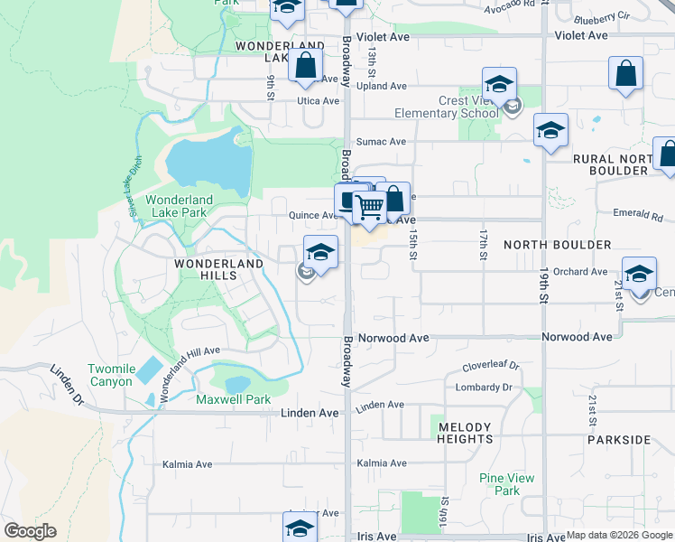 map of restaurants, bars, coffee shops, grocery stores, and more near 1150 Poplar Avenue in Boulder