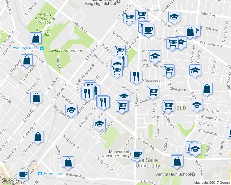map of restaurants, bars, coffee shops, grocery stores, and more near 5609 Boyer Street in Philadelphia