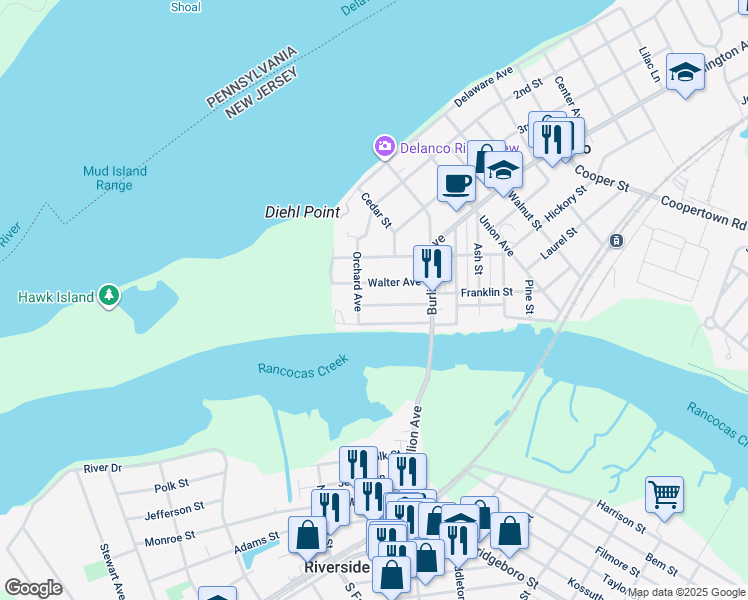 map of restaurants, bars, coffee shops, grocery stores, and more near 210 Washington Street in Delanco