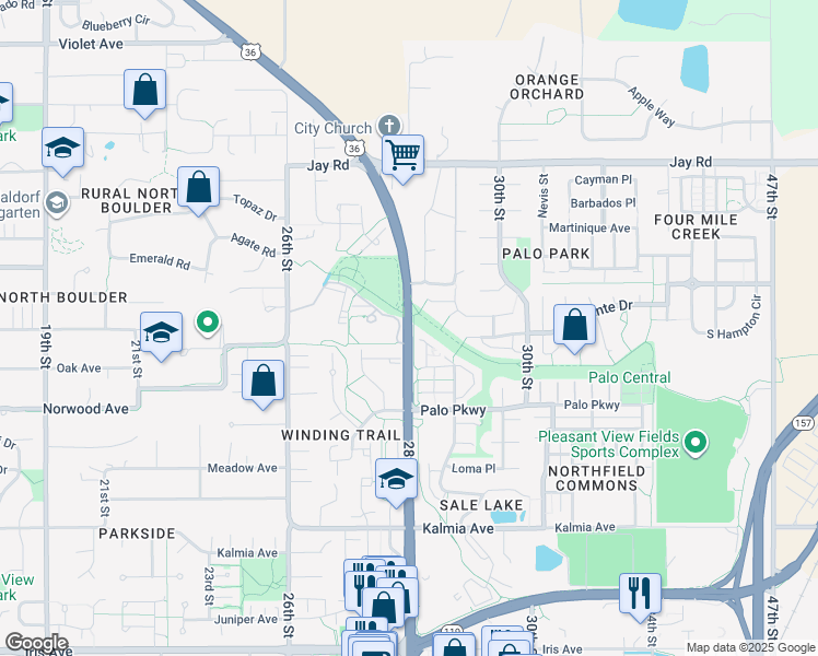 map of restaurants, bars, coffee shops, grocery stores, and more near 3913 Paseo del Prado in Boulder