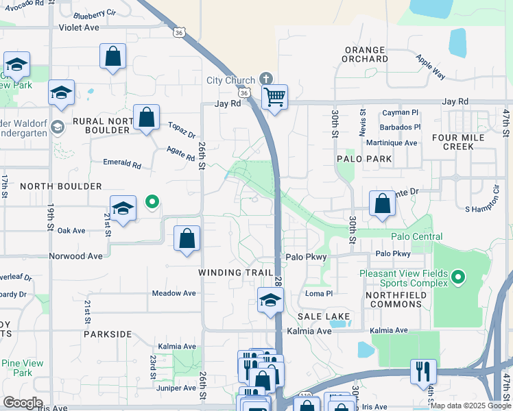 map of restaurants, bars, coffee shops, grocery stores, and more near 2737 Northbrook Place in Boulder