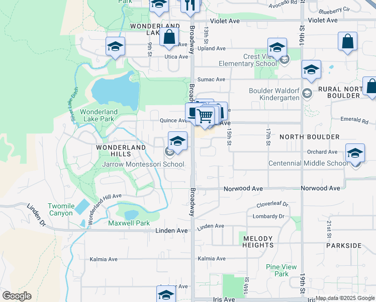 map of restaurants, bars, coffee shops, grocery stores, and more near 3860 Broadway in Boulder
