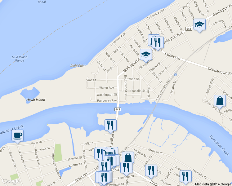 map of restaurants, bars, coffee shops, grocery stores, and more near 205 Burlington Avenue in Delanco