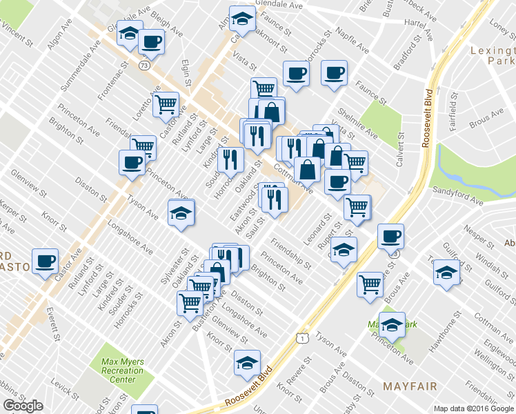map of restaurants, bars, coffee shops, grocery stores, and more near 2067 Saint Vincent Street in Philadelphia