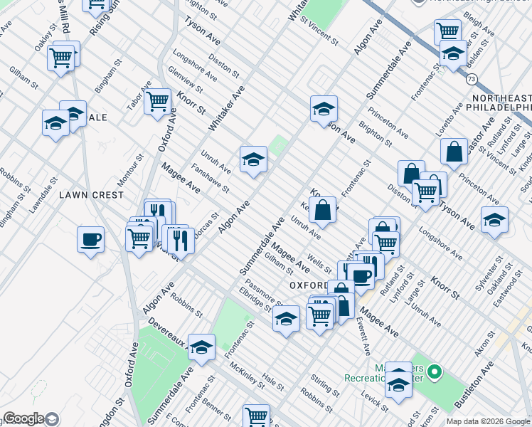 map of restaurants, bars, coffee shops, grocery stores, and more near 1129 Magee Avenue in Philadelphia