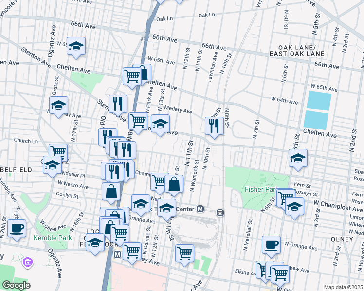 map of restaurants, bars, coffee shops, grocery stores, and more near 6108 North 11th Street in Philadelphia
