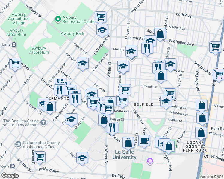 map of restaurants, bars, coffee shops, grocery stores, and more near 6008 North Beechwood Street in Philadelphia