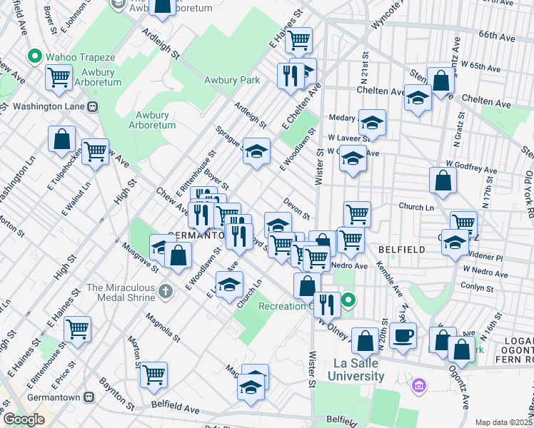 map of restaurants, bars, coffee shops, grocery stores, and more near 5609 Boyer Street in Philadelphia