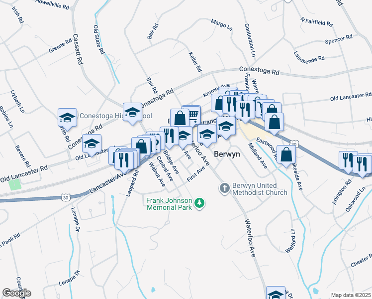 map of restaurants, bars, coffee shops, grocery stores, and more near 49 Knox Avenue in Berwyn