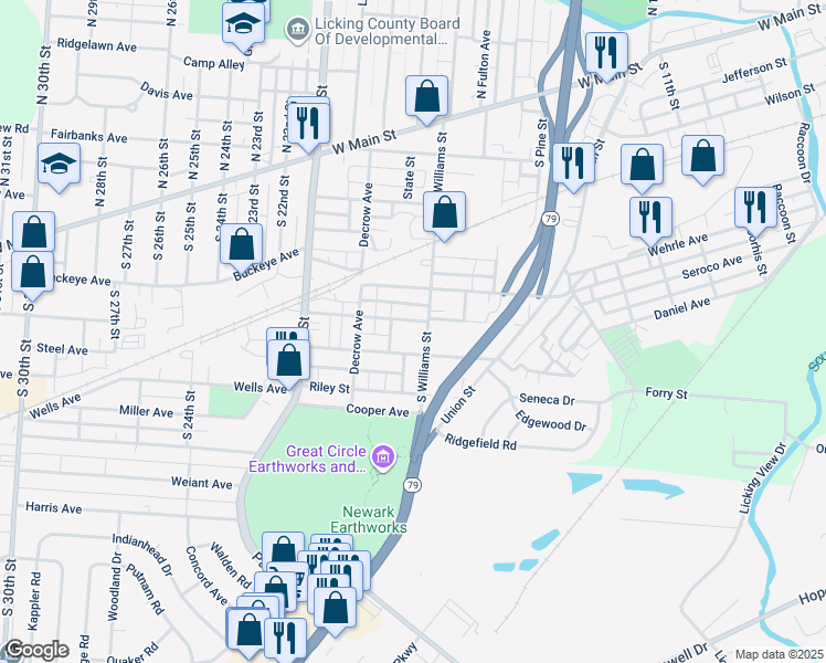 map of restaurants, bars, coffee shops, grocery stores, and more near 74 Hancock Street in Newark