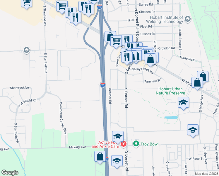 map of restaurants, bars, coffee shops, grocery stores, and more near 73b Heather Road in Troy