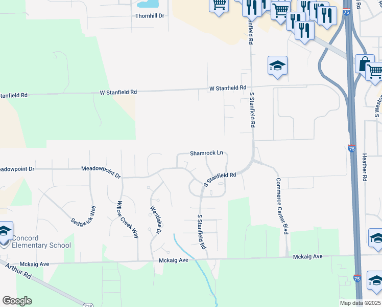 map of restaurants, bars, coffee shops, grocery stores, and more near 2375 Meadowpoint Drive in Troy