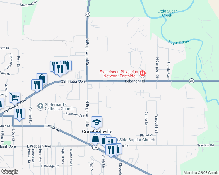 map of restaurants, bars, coffee shops, grocery stores, and more near 1705 Lebanon Road in Crawfordsville