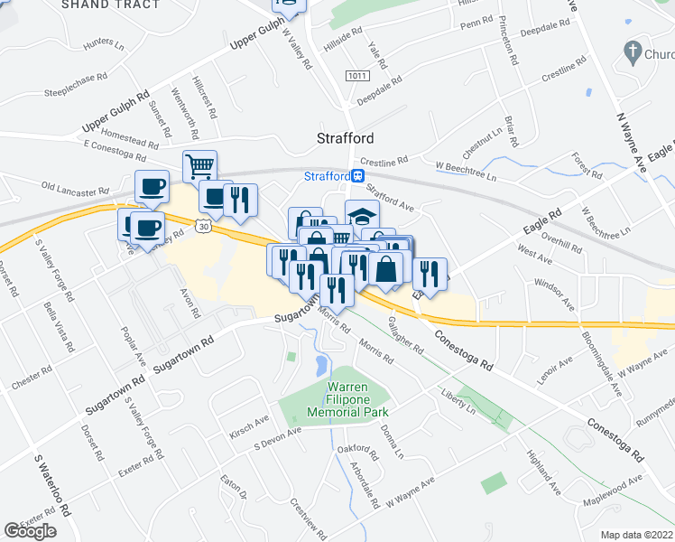 map of restaurants, bars, coffee shops, grocery stores, and more near 600 Lancaster Avenue in Wayne