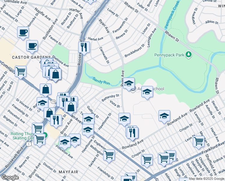 map of restaurants, bars, coffee shops, grocery stores, and more near 2928 Sandyford Avenue in Philadelphia
