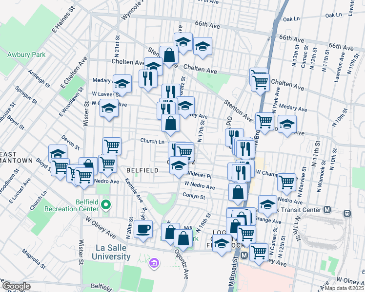 map of restaurants, bars, coffee shops, grocery stores, and more near 1742 Church Lane in Philadelphia