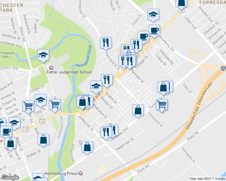 map of restaurants, bars, coffee shops, grocery stores, and more near 4432 Kendrick Street in Philadelphia