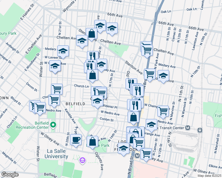 map of restaurants, bars, coffee shops, grocery stores, and more near 6037 North 17th Street in Philadelphia