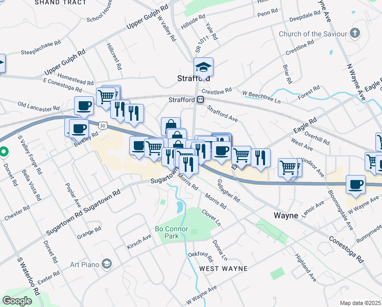 map of restaurants, bars, coffee shops, grocery stores, and more near 600 Lancaster Avenue in Wayne