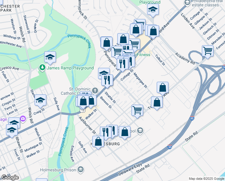 map of restaurants, bars, coffee shops, grocery stores, and more near 4432 Kendrick Street in Philadelphia