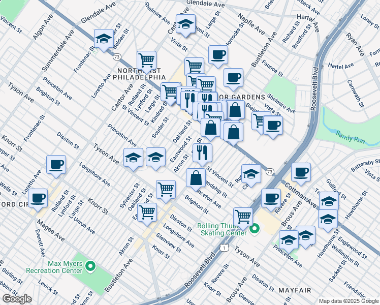 map of restaurants, bars, coffee shops, grocery stores, and more near 7149 Saul Street in Philadelphia