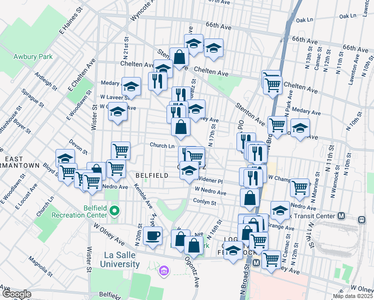 map of restaurants, bars, coffee shops, grocery stores, and more near 1760 Church Lane in Philadelphia