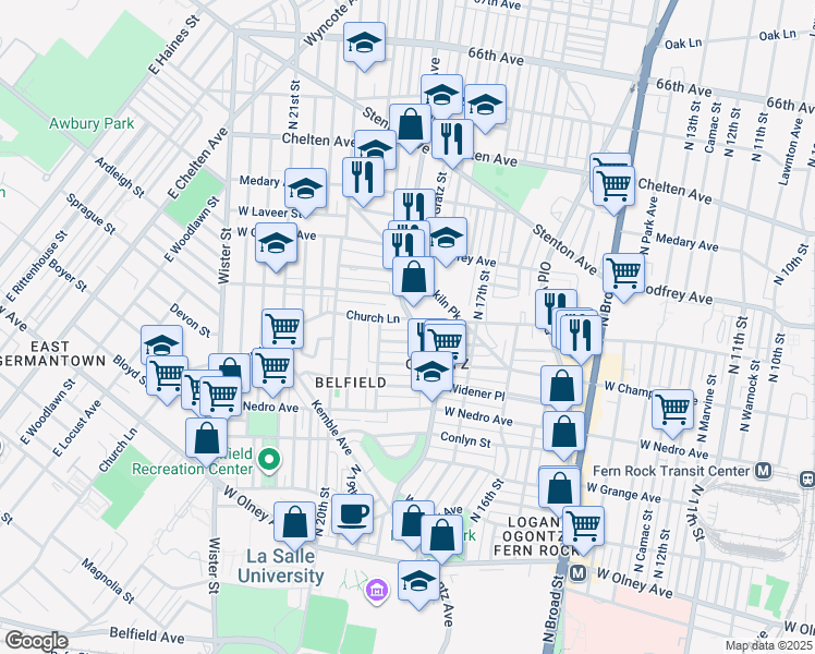 map of restaurants, bars, coffee shops, grocery stores, and more near 1800 Church Lane in Philadelphia
