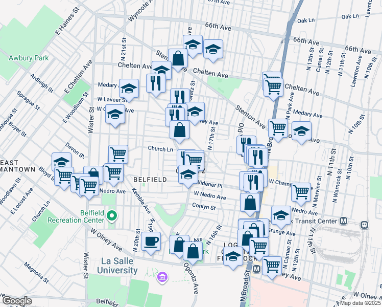 map of restaurants, bars, coffee shops, grocery stores, and more near 1742 Church Lane in Philadelphia