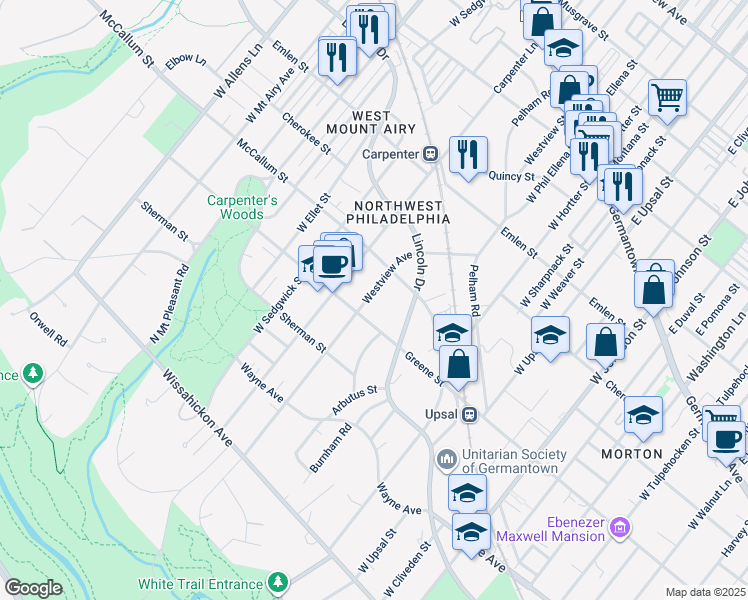 map of restaurants, bars, coffee shops, grocery stores, and more near 530 Westview Street in Philadelphia