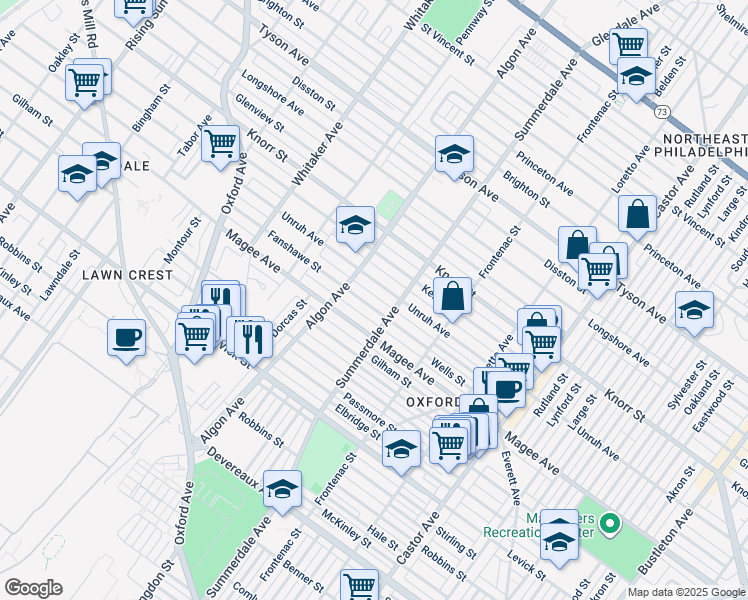 map of restaurants, bars, coffee shops, grocery stores, and more near 1123 Fanshawe Street in Philadelphia