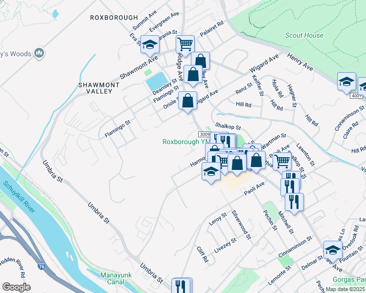 map of restaurants, bars, coffee shops, grocery stores, and more near 7354 Ridge Avenue in Philadelphia