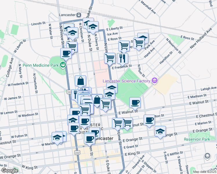 map of restaurants, bars, coffee shops, grocery stores, and more near 146 East James Street in Lancaster