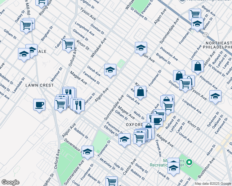 map of restaurants, bars, coffee shops, grocery stores, and more near 1123 Fanshawe Street in Philadelphia