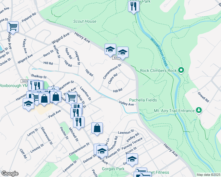 map of restaurants, bars, coffee shops, grocery stores, and more near 723 Hill Road in Philadelphia