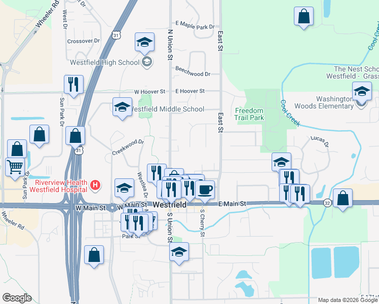 map of restaurants, bars, coffee shops, grocery stores, and more near 218 North Street in Westfield