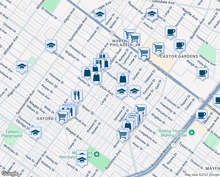 map of restaurants, bars, coffee shops, grocery stores, and more near 7008 Large Street in Philadelphia