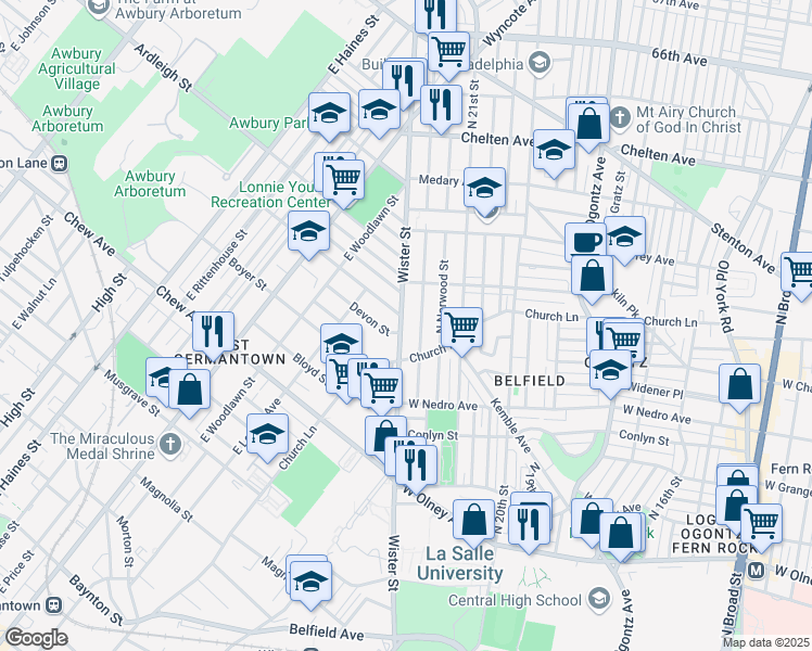 map of restaurants, bars, coffee shops, grocery stores, and more near 6039 North Wister Street in Philadelphia