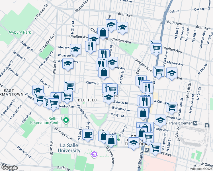 map of restaurants, bars, coffee shops, grocery stores, and more near 1764 Church Lane in Philadelphia