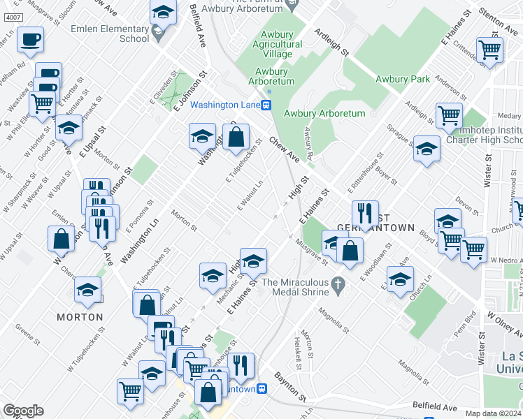 map of restaurants, bars, coffee shops, grocery stores, and more near 436 East Cosgrove Street in Philadelphia