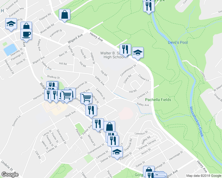 map of restaurants, bars, coffee shops, grocery stores, and more near 7107 Valley Avenue in Philadelphia