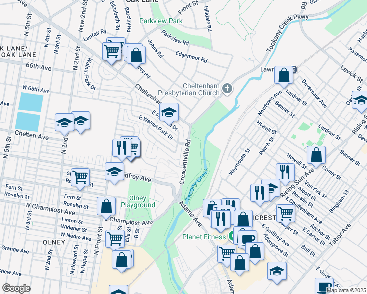 map of restaurants, bars, coffee shops, grocery stores, and more near 6346 Crescentville Road in Philadelphia