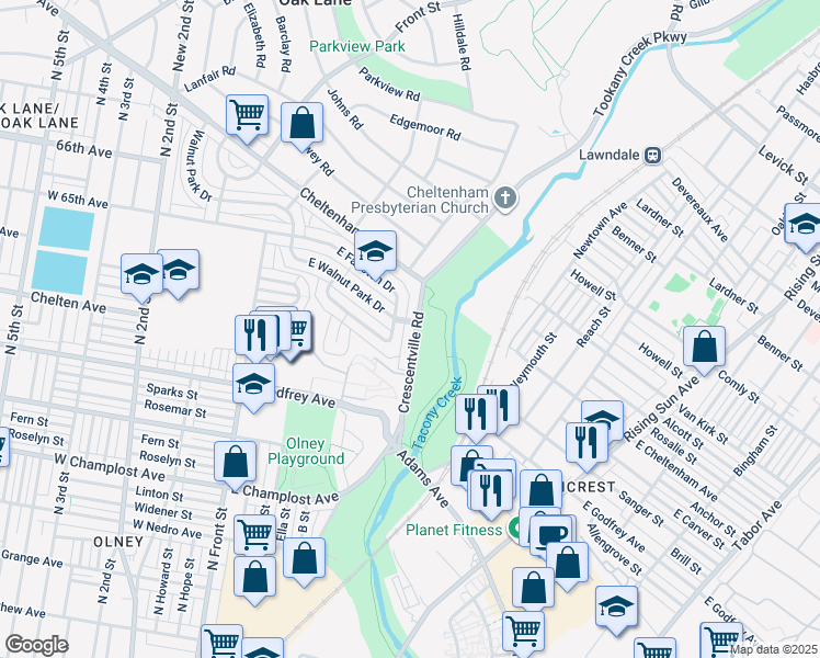 map of restaurants, bars, coffee shops, grocery stores, and more near 6346 Crescentville Road in Philadelphia